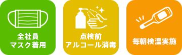 「全社員マスク着用」「点検前アルコール消毒」「毎朝検温実施」