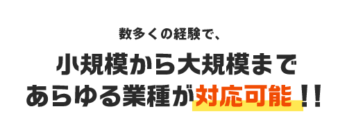 数多くの経験で、小規模から大規模まであらゆる業種が対応可能！！